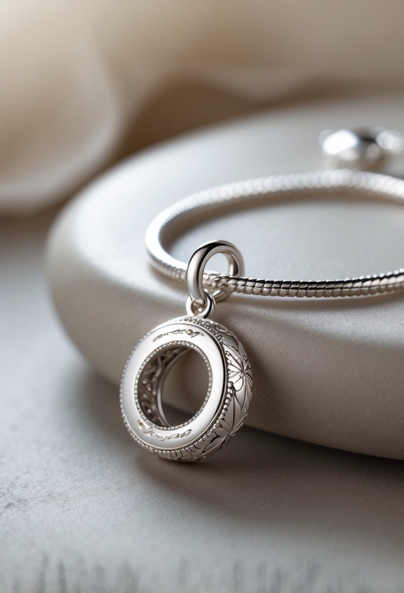 Close-up of a custom charm made from an old wedding ring attached to a silver bracelet chain on a smooth surface.
