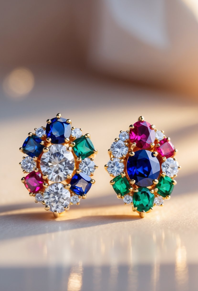 Close-up of gemstone earrings made from repurposed wedding rings on a blurred neutral background.