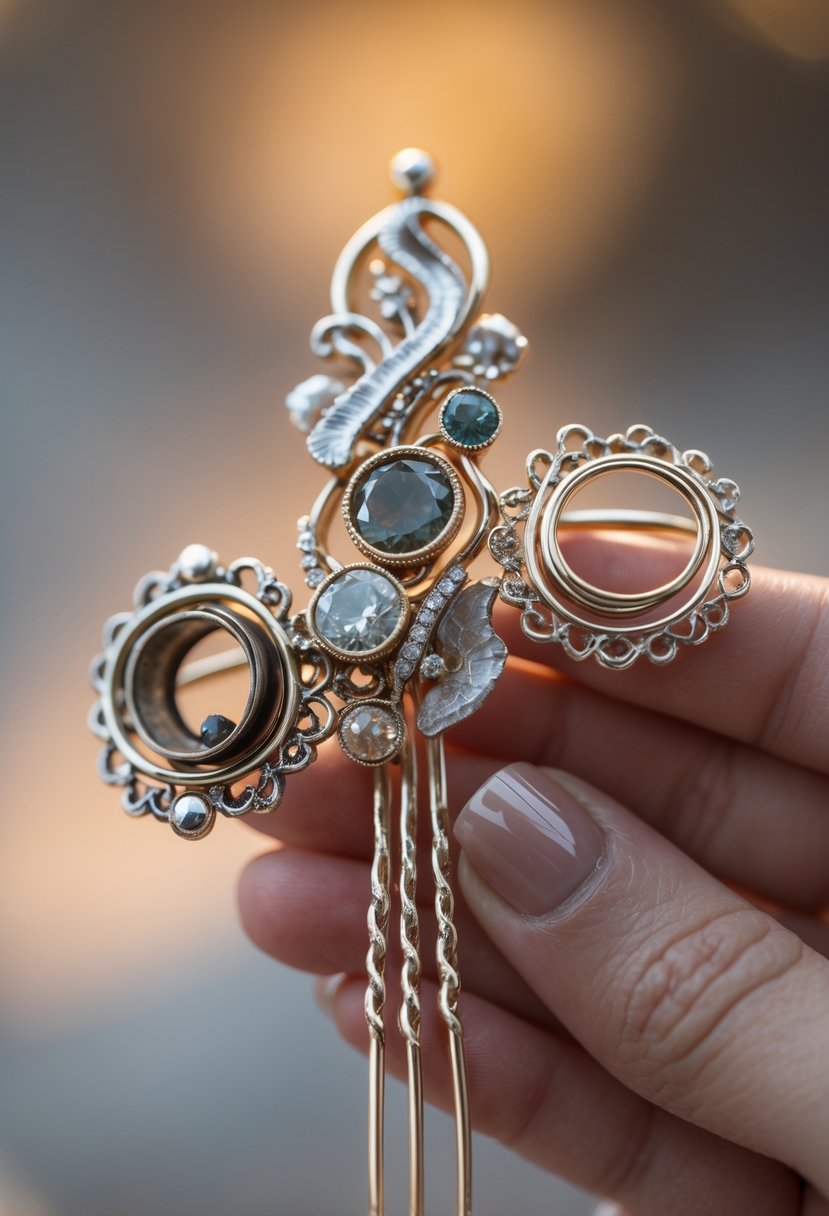 A close-up of a decorative metal hairpin incorporating old wedding rings, held gently in a hand.