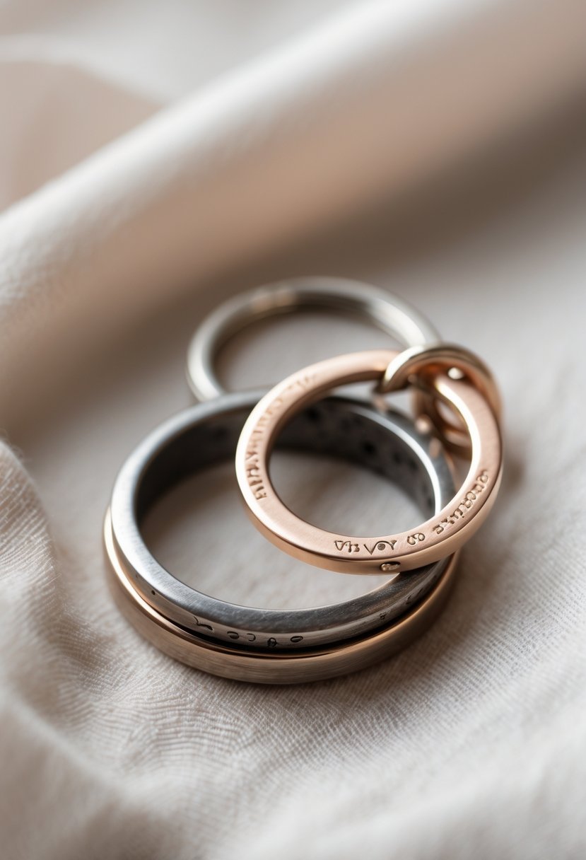 Close-up of a keychain made from intertwined old wedding rings with visible engraving, placed on a soft fabric background.