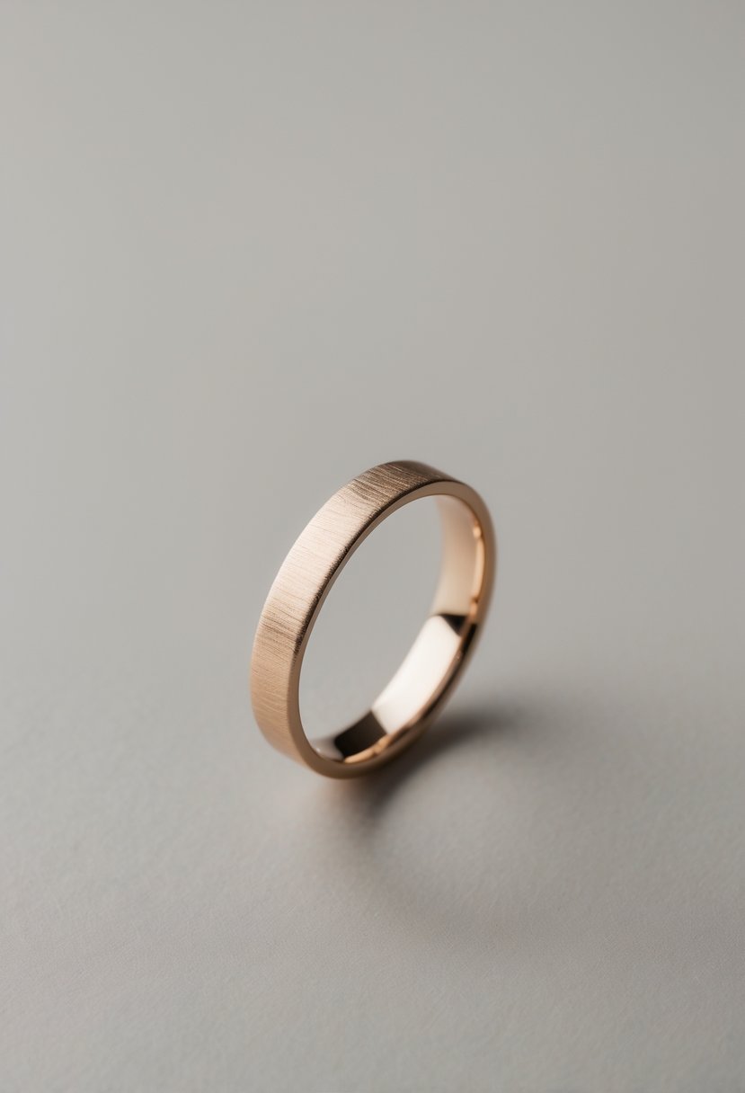 A close-up of a minimalist wedding ring with textured band on a plain background.