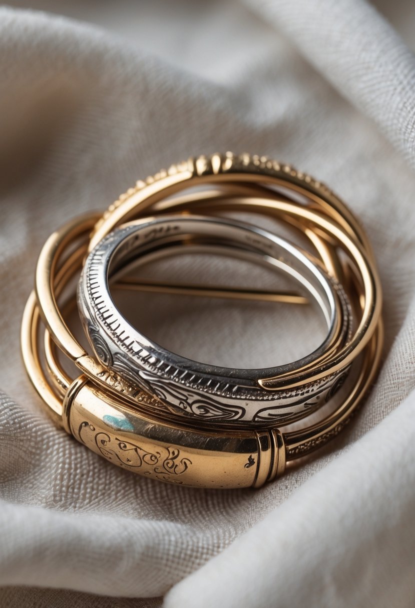 A close-up of a unique brooch made by combining old wedding rings, displayed on soft fabric.