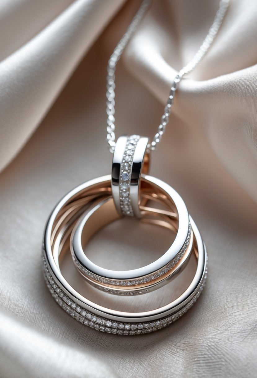A close-up of a modern pendant necklace made from intertwined old wedding rings resting on soft fabric.