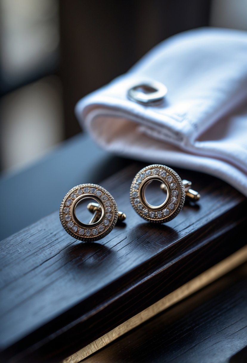 Close-up of a pair of cufflinks made from old wedding rings placed on a wooden surface next to a dress shirt cuff.