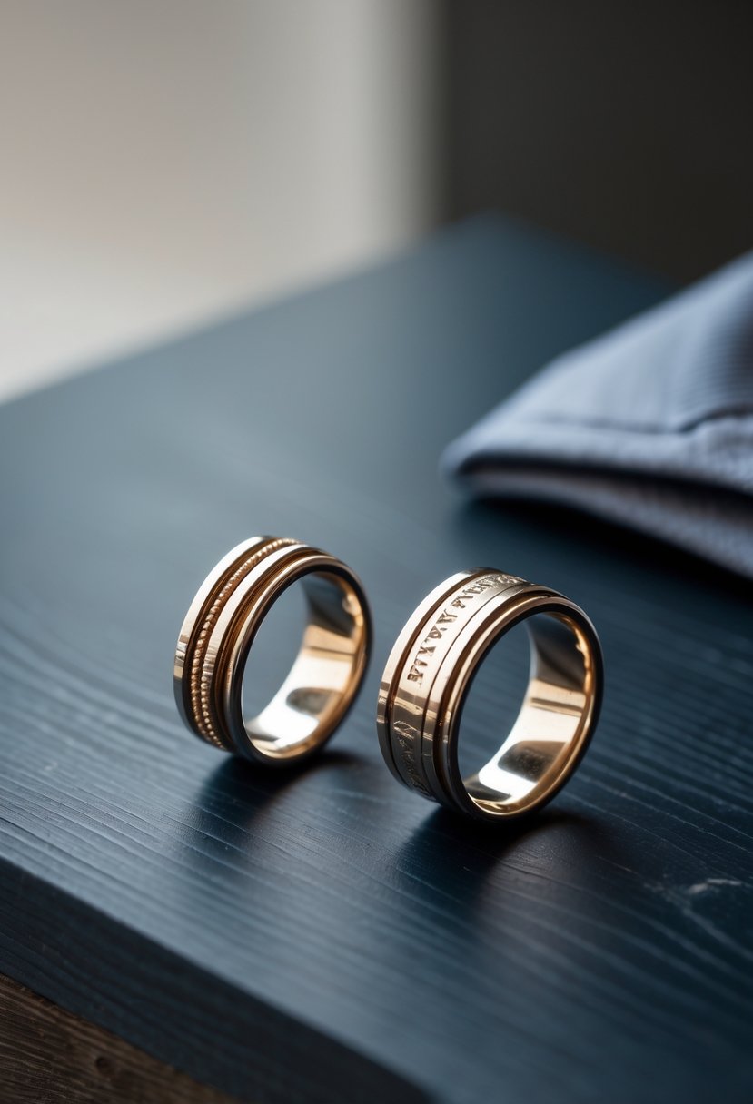 A pair of tie clips made from old wedding rings placed on a dark wooden surface with a dress shirt cuff nearby.