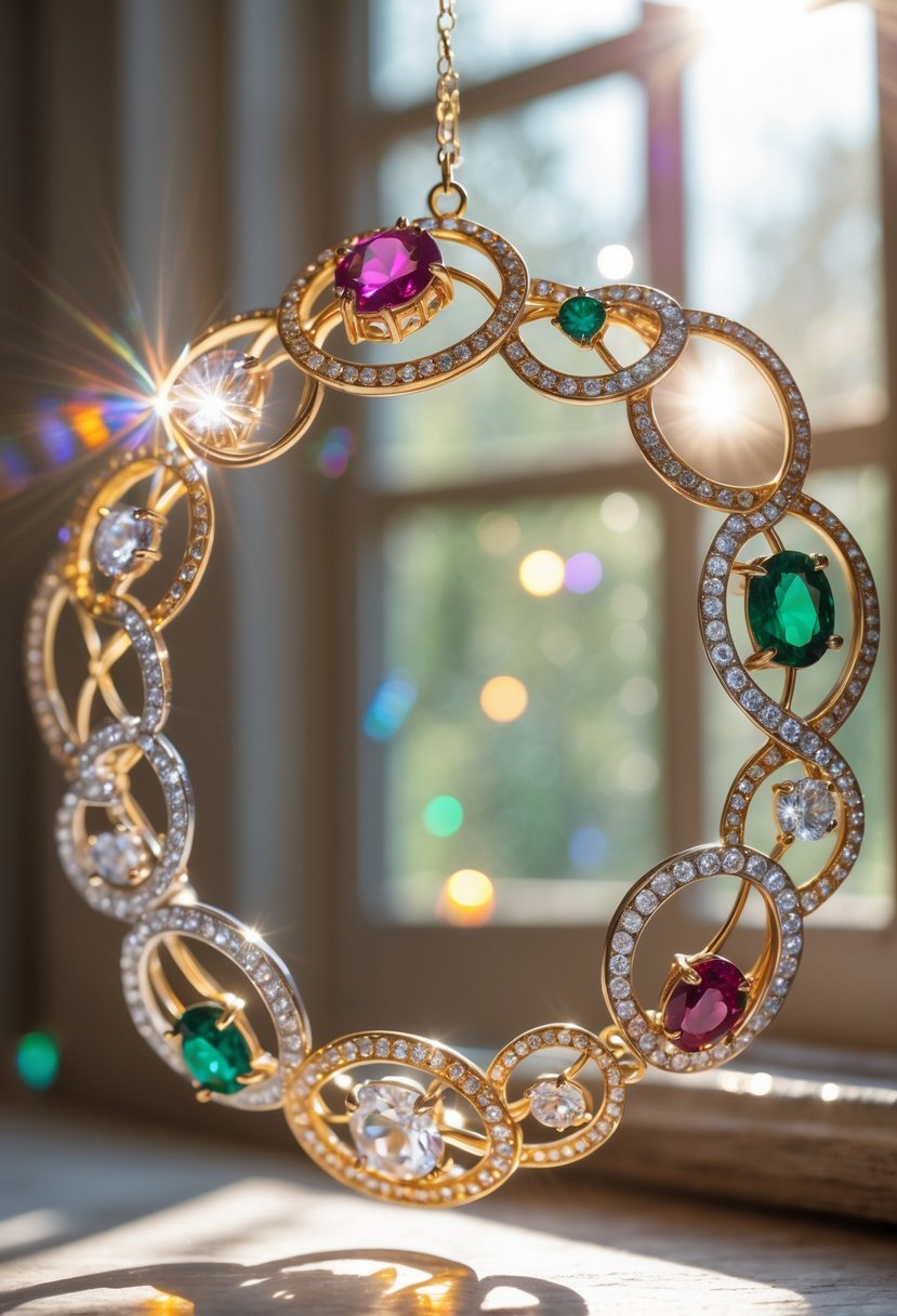 Sun catcher made from old wedding rings embedded with jewels hanging in sunlight, reflecting colorful light.