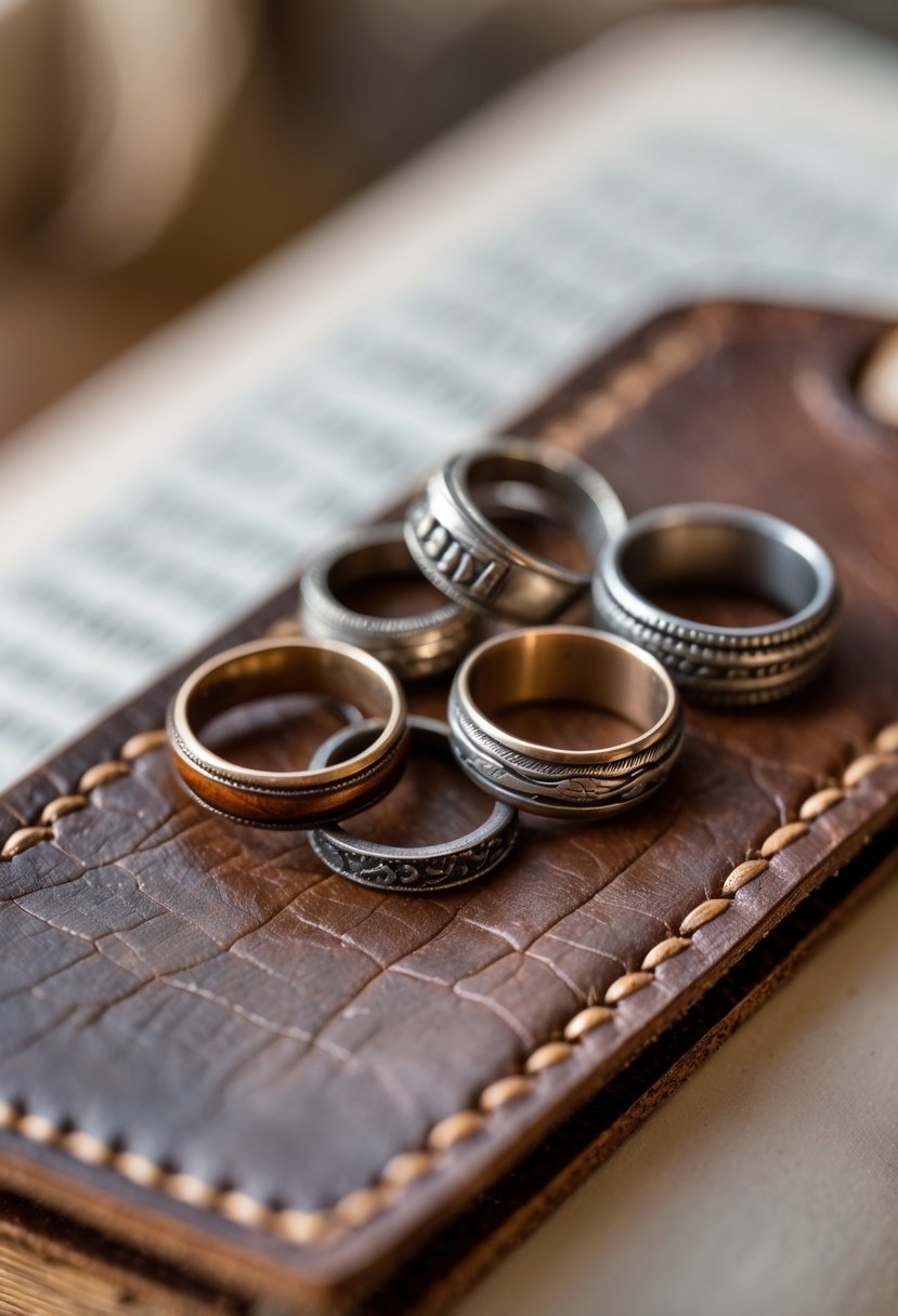 A leather bookmark with old wedding rings embedded into it, shown in close-up.
