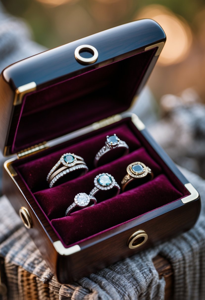 A keepsake box with vintage wedding rings inside, shown open on a softly lit surface.