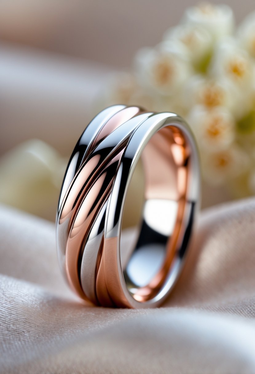 A close-up of a mixed metal wedding ring with silver and rose gold bands intertwined on a neutral background.