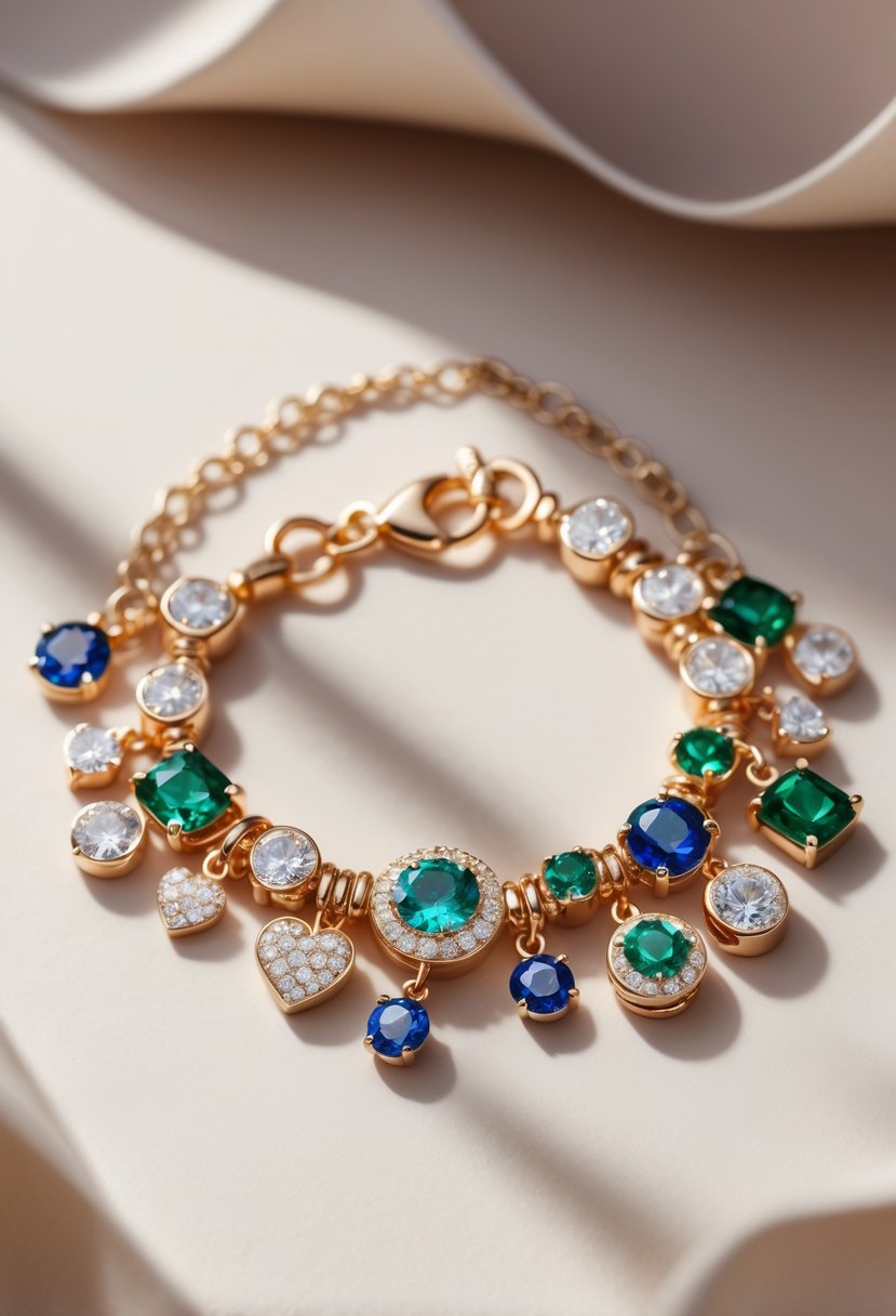 A charm bracelet decorated with gemstones repurposed from an old wedding ring, displayed on a soft neutral background.