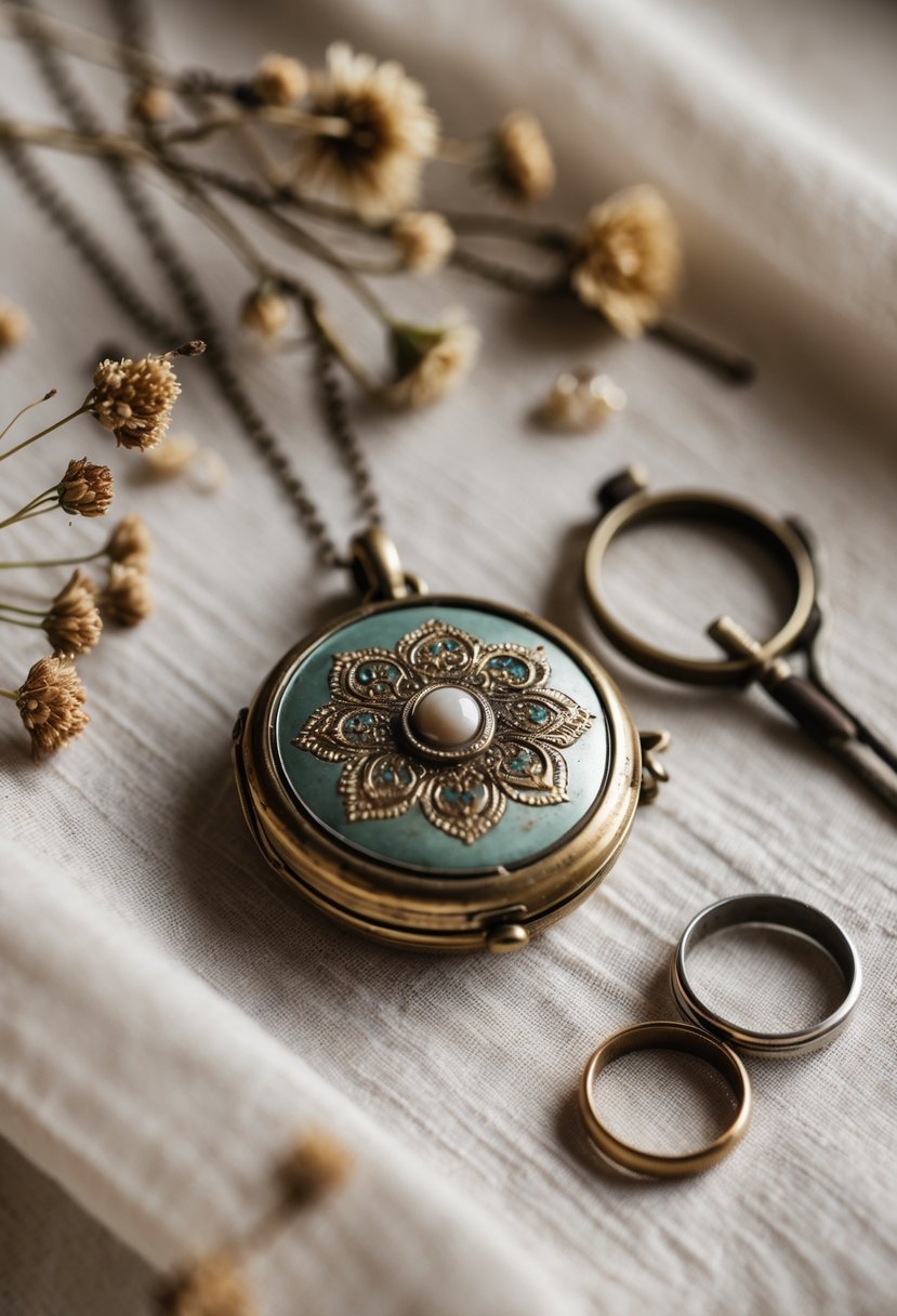 A close-up of a vintage-inspired locket made from old wedding rings placed on soft fabric with antique jewelry tools and dried flowers nearby.