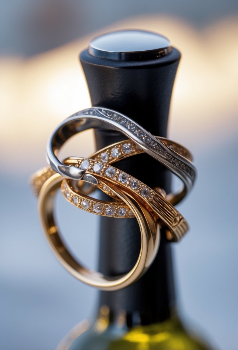 A wine bottle with a stopper handle made from intertwined old wedding rings.