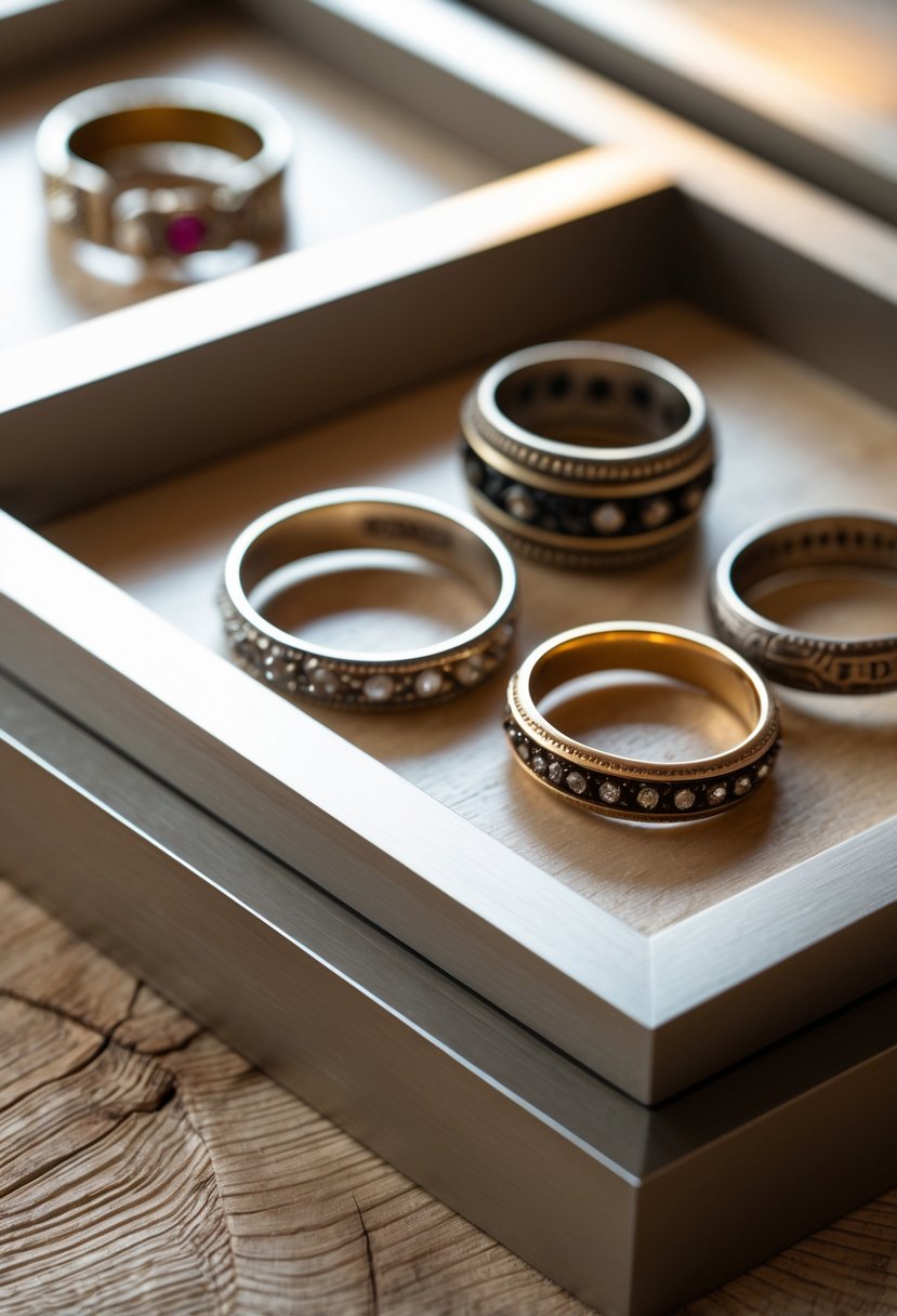 Close-up of old wedding rings displayed inside metal bands forming custom picture frames on a wooden surface.