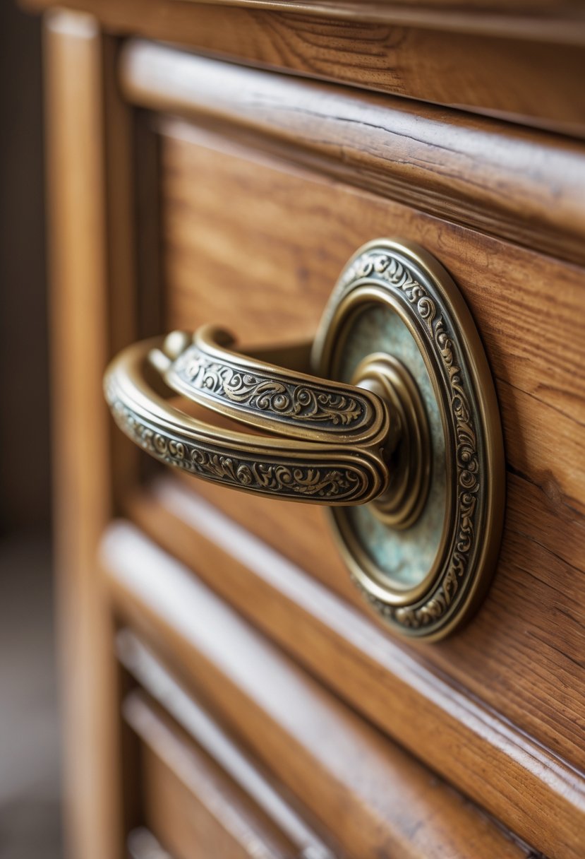 Close-up of a decorative drawer pull handle resembling vintage wedding rings mounted on a wooden drawer.