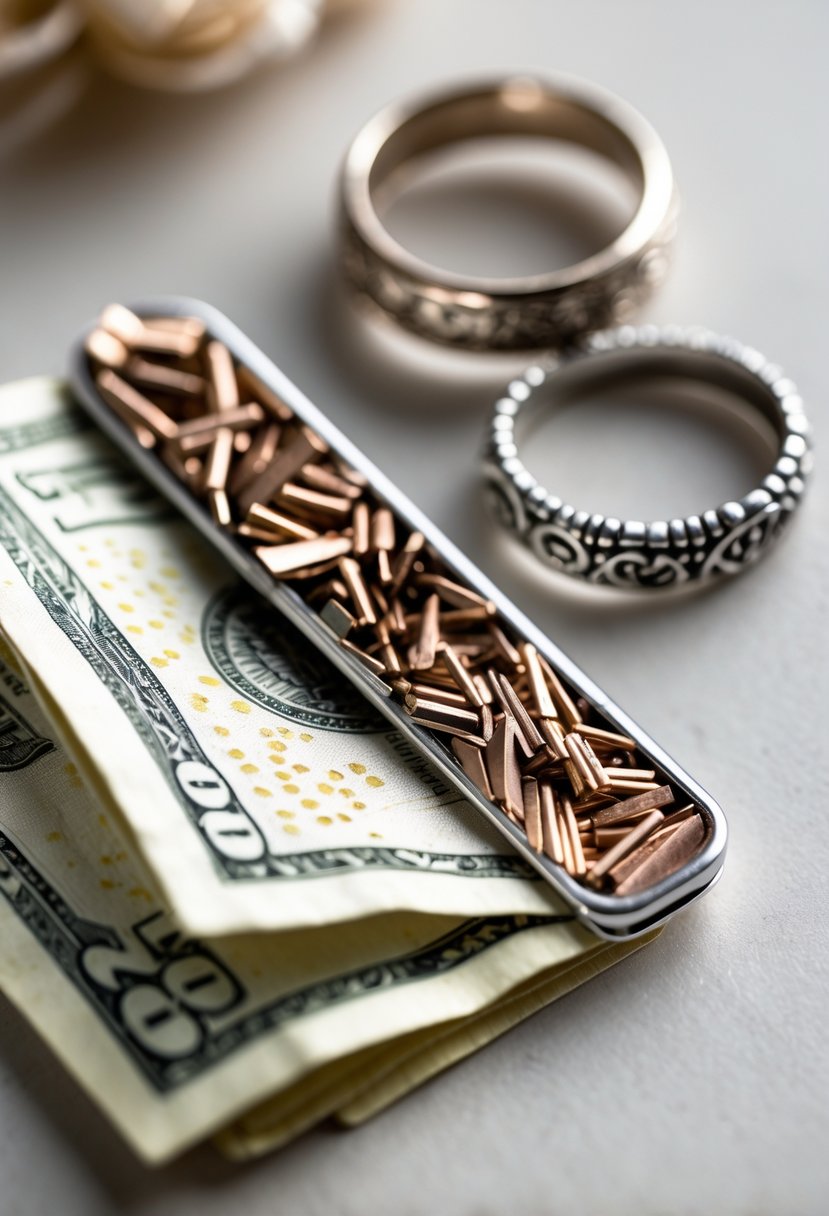 Close-up of a money clip made from metal shavings holding banknotes, with old wedding rings nearby on a neutral background.
