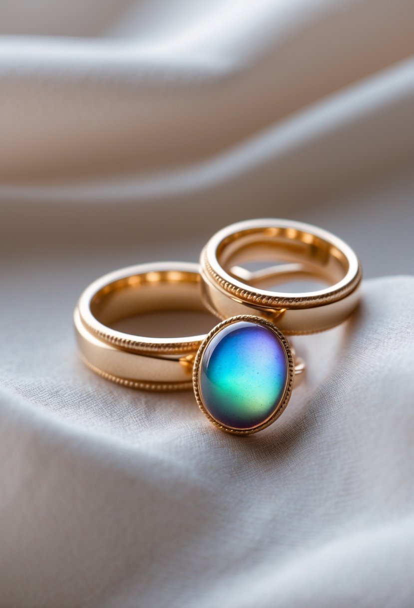 Close-up of two gold wedding rings on a soft fabric, one featuring a colorful mood stone that changes colors.