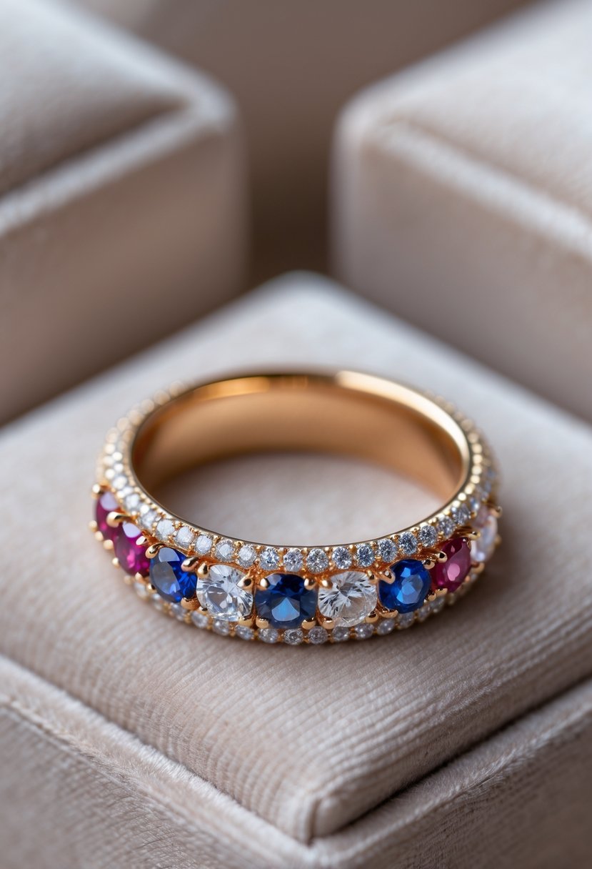 Close-up of a gold wedding ring with colorful gemstones set on a soft cushion.