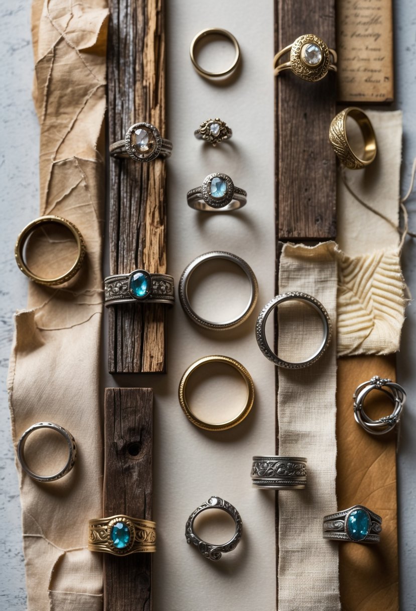 A wall art collage featuring old wedding rings arranged with vintage materials on a neutral background.