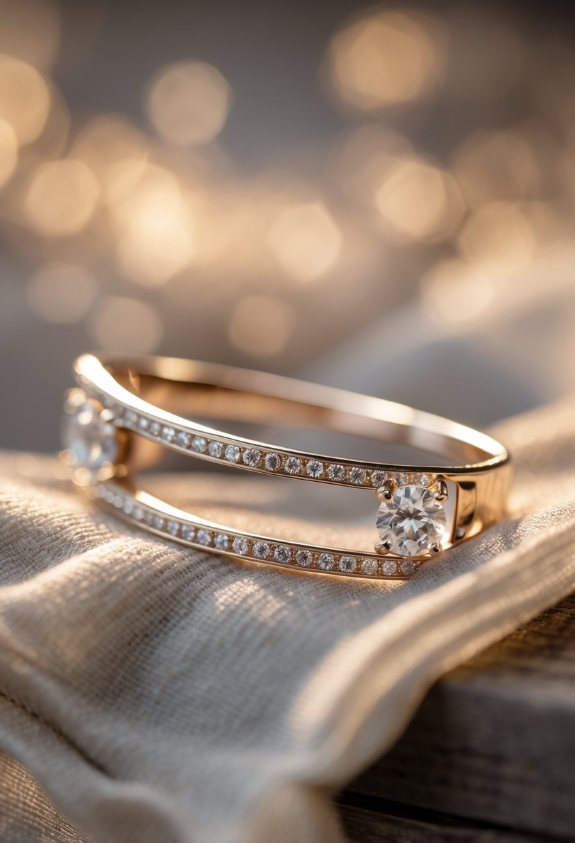 Close-up of a hairpin made from an old wedding ring resting on a neutral surface.