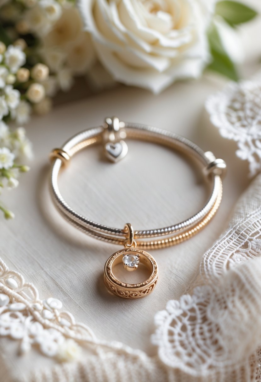 Close-up of a unique charm made from an old wedding ring attached to a charm bracelet, placed on soft fabric with white flowers and lace nearby.