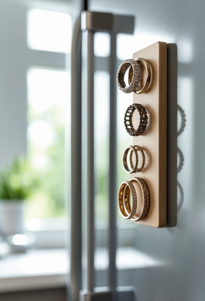 Close-up of a magnetic fridge decoration holding several vintage wedding rings on a refrigerator door in a bright kitchen.