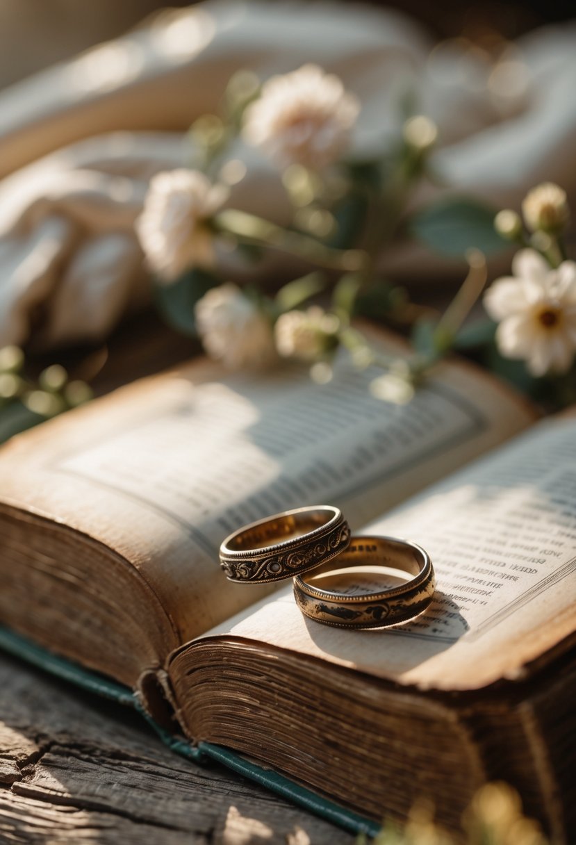 Close-up of old wedding rings resting on an open storybook with a warm, cozy background.