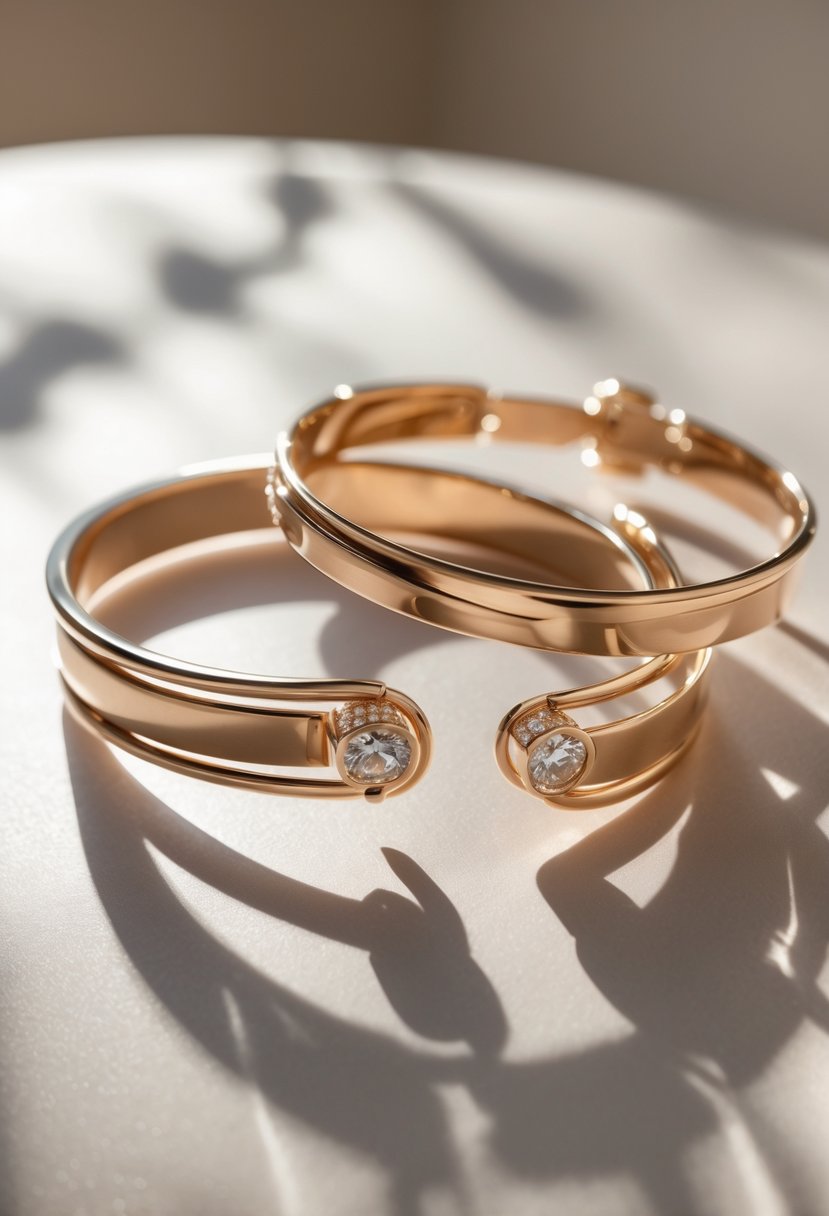 Close-up of two cuff bracelets made from old wedding rings connected by flexible metal links, displayed on a smooth surface.