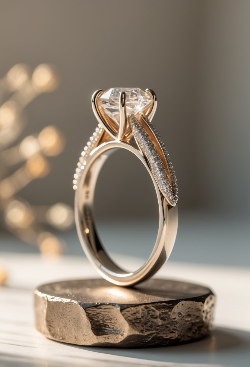 An artistic sculpture made from an old wedding ring displayed on a simple surface with soft lighting.