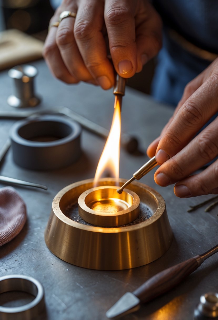 Jeweler melting down old gold wedding rings to create a new wedding anniversary band in a workshop.