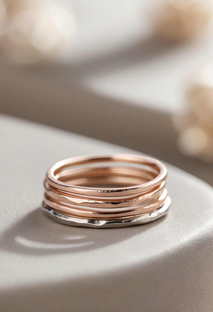 Close-up of a set of minimalist stackable rings arranged on a smooth surface with soft lighting.