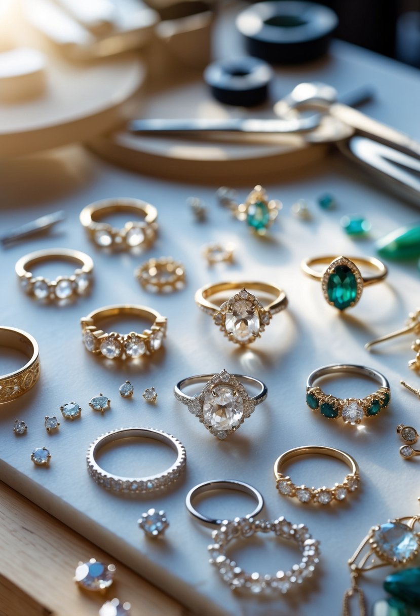 Close-up of a jeweler's workspace with gemstones, ring bands, and tools used to create new jewelry from old wedding ring stones.