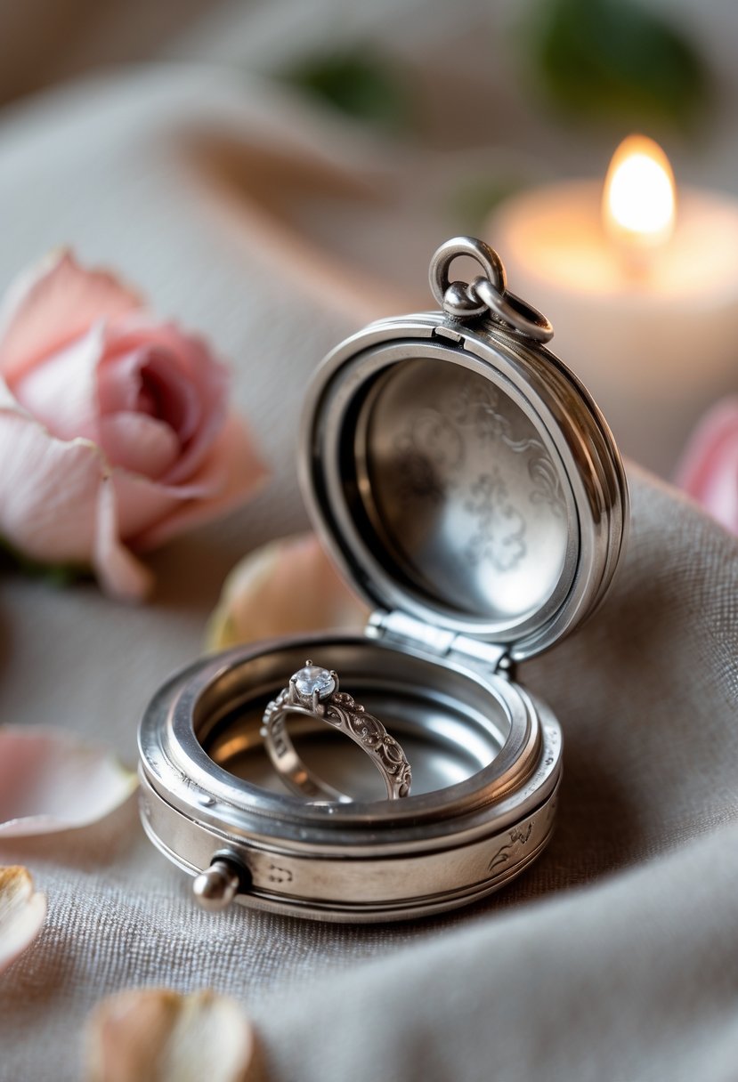 Close-up of an open silver locket containing a small piece of an old wedding ring on a soft fabric background with rose petals and a glowing candle nearby.