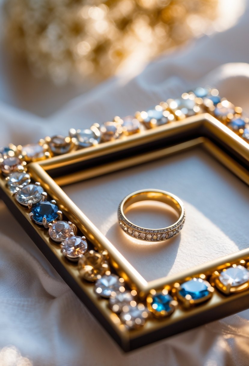 A close-up photo of a photo frame decorated with pieces of old wedding rings, including gold bands and gemstones, arranged along the edges.