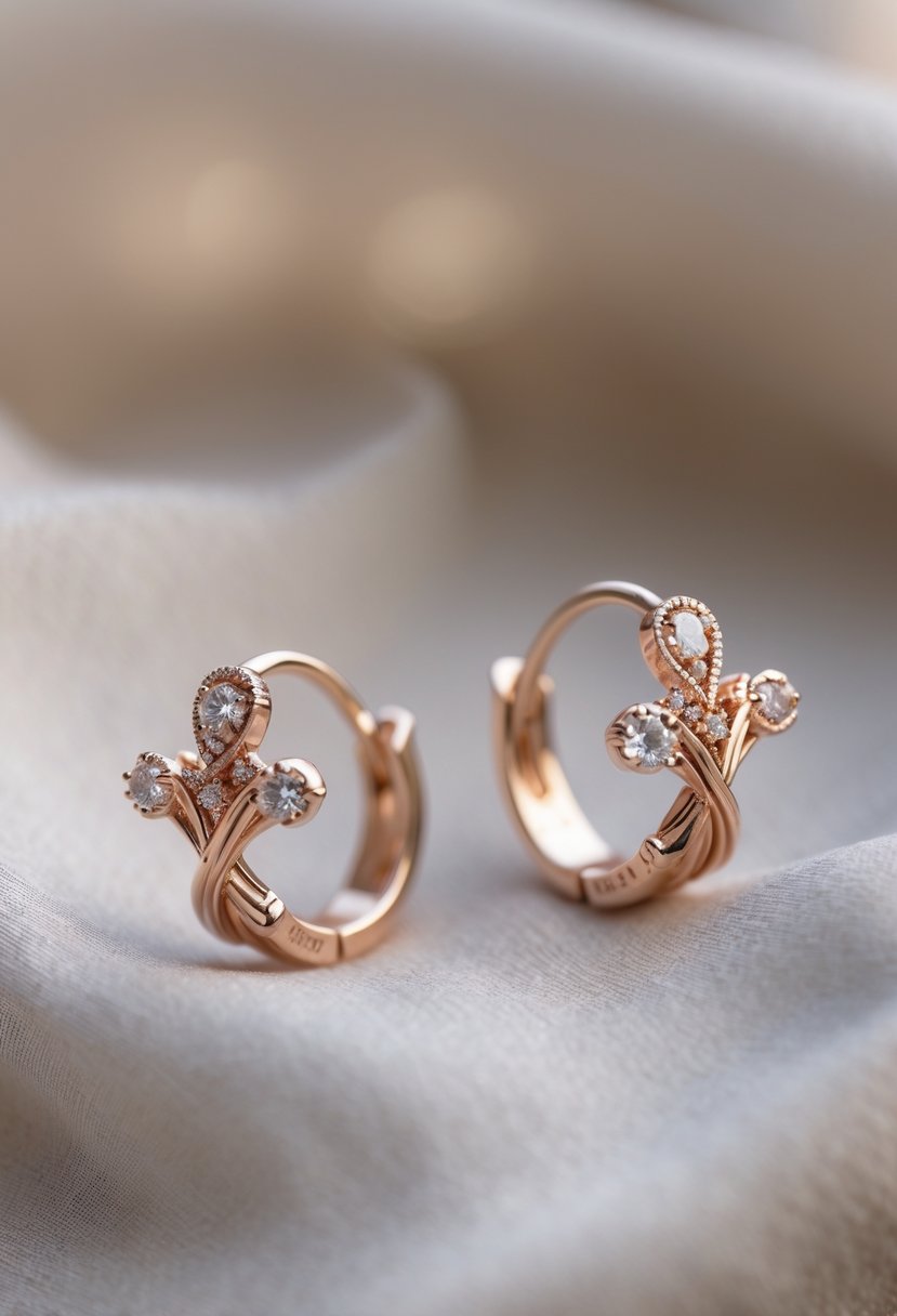 Close-up of a pair of elegant stud earrings made from old wedding rings on a soft fabric background.