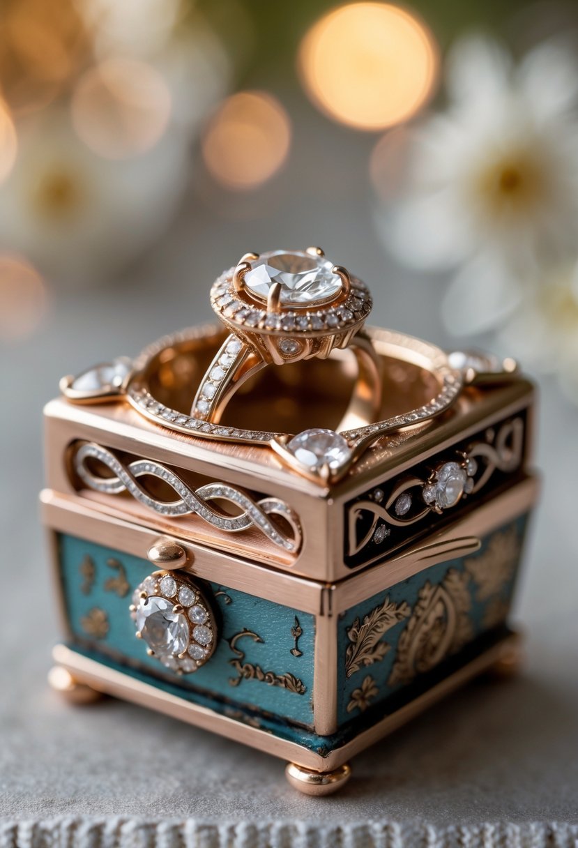 A small, elegant ring holder box made from parts of old wedding rings with intricate metalwork and gemstones, placed on a softly blurred background.