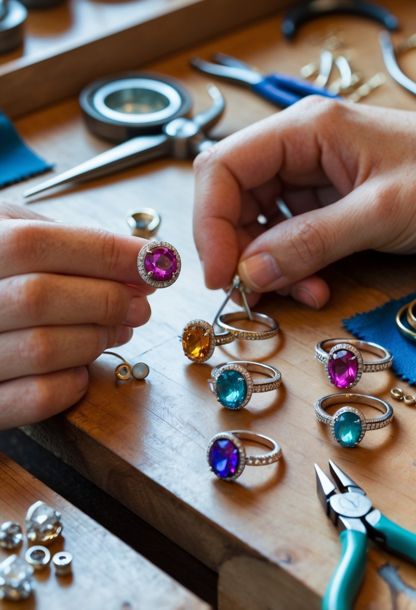 Close-up of hands crafting colorful birthstone rings from old wedding ring metal on a jeweler's workbench with tools.