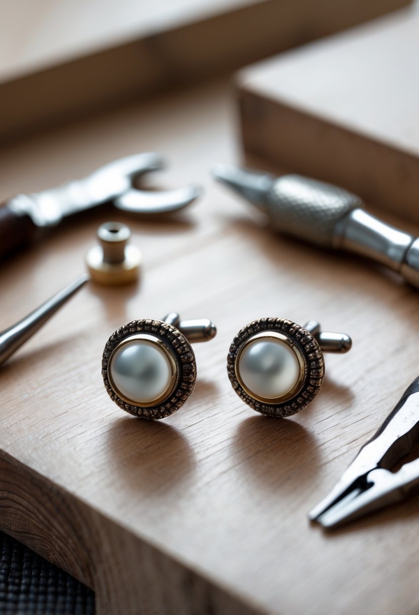 Close-up of cufflinks made from old wedding rings on a wooden surface with small crafting tools nearby.