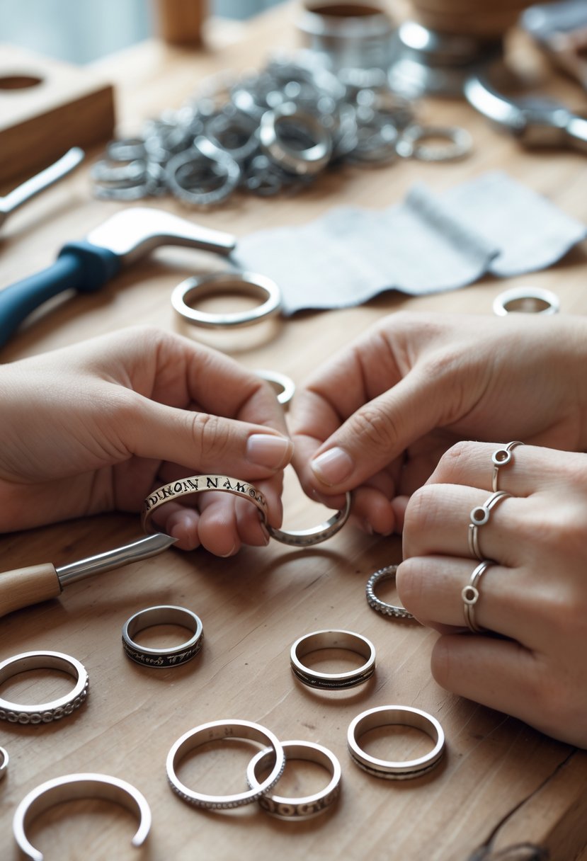 Hands crafting personalized name rings from old wedding rings on a workbench with metalworking tools.