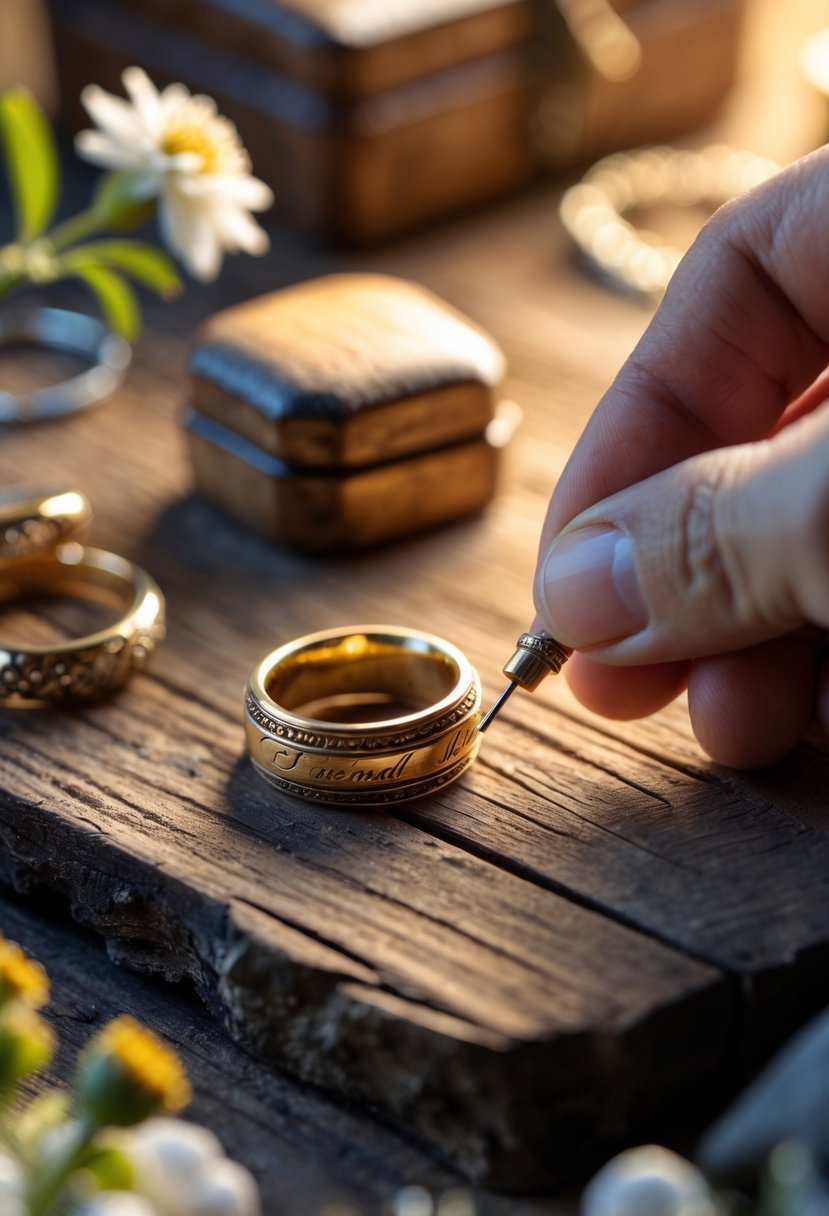 Close-up of old wedding rings being engraved on a wooden surface with engraving tools nearby.