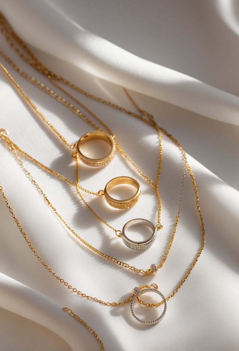 Close-up of multiple rings transformed into layered necklaces displayed on a neutral background.