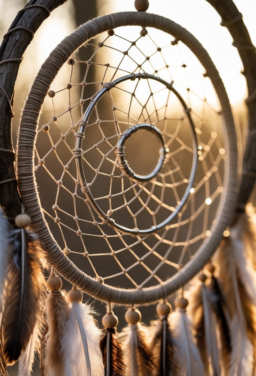 Close-up of a dreamcatcher made with old wedding rings, feathers, and beads hanging outdoors.
