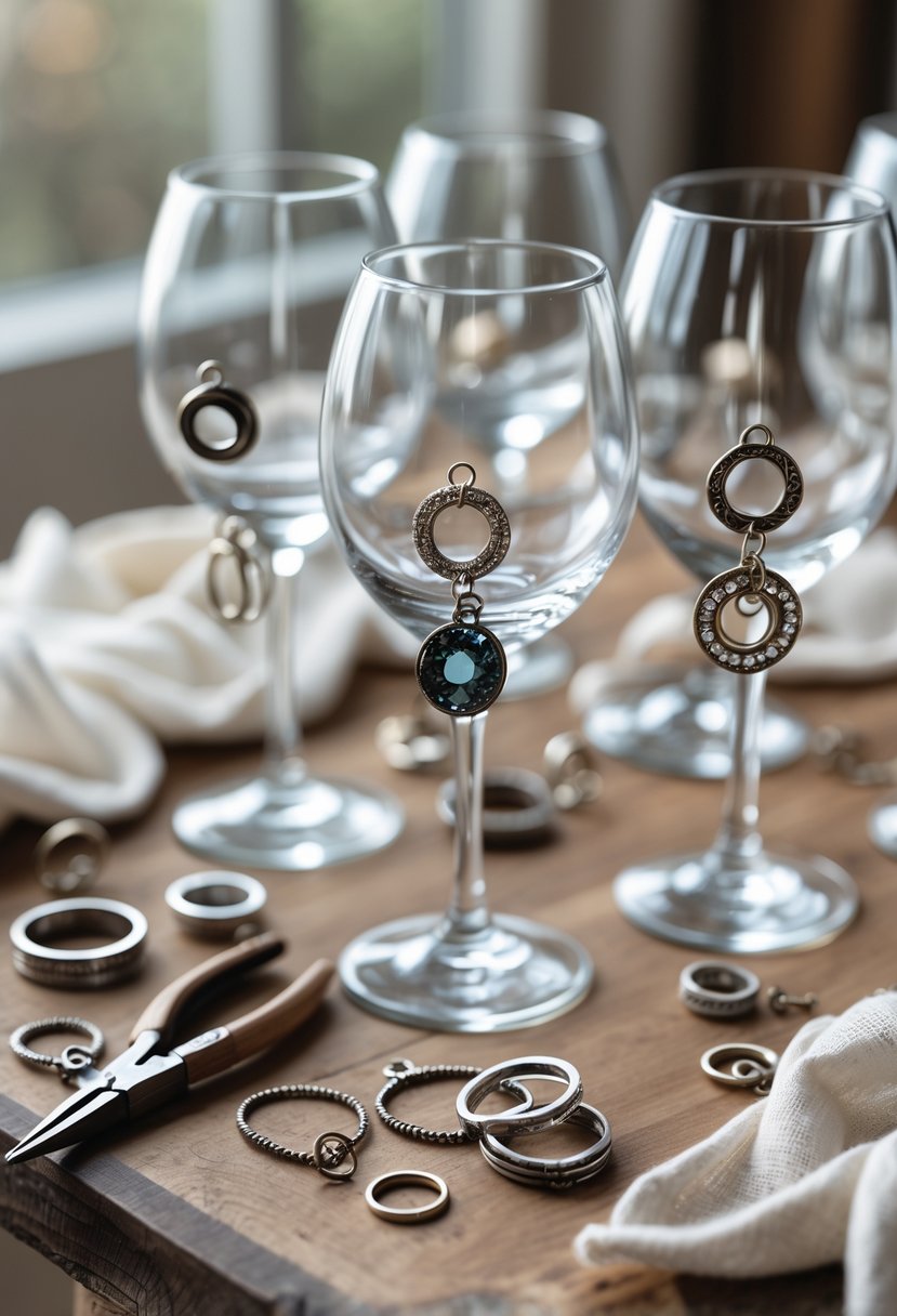 Close-up of wine glasses on a table, each decorated with handmade charms made from old wedding rings and crafting materials nearby.