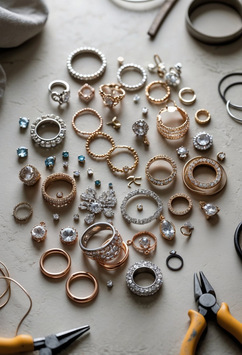 An abstract wall art piece made from old wedding ring parts arranged on a neutral background with crafting tools nearby.