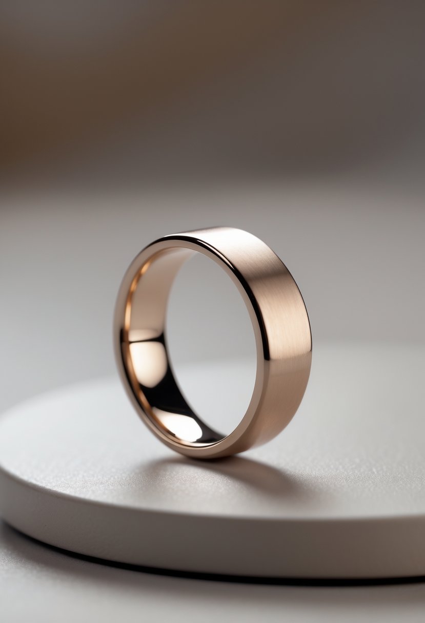 Close-up of a simple, polished wedding ring band resting on a smooth surface.