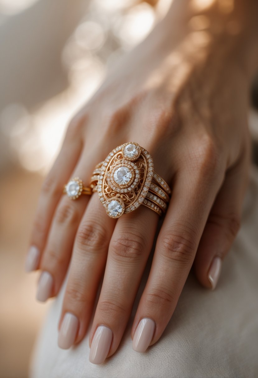 A close-up of a woman's hand wearing a large, intricate cocktail ring made from multiple old wedding rings combined into one.