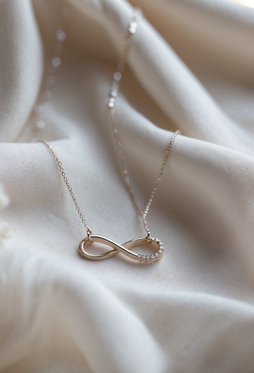Close-up of an elegant infinity symbol necklace made from old wedding rings placed on soft fabric.