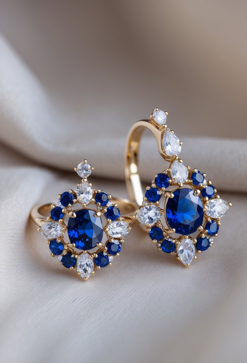 A pair of earrings and a ring with matching gemstones displayed on a soft fabric background.