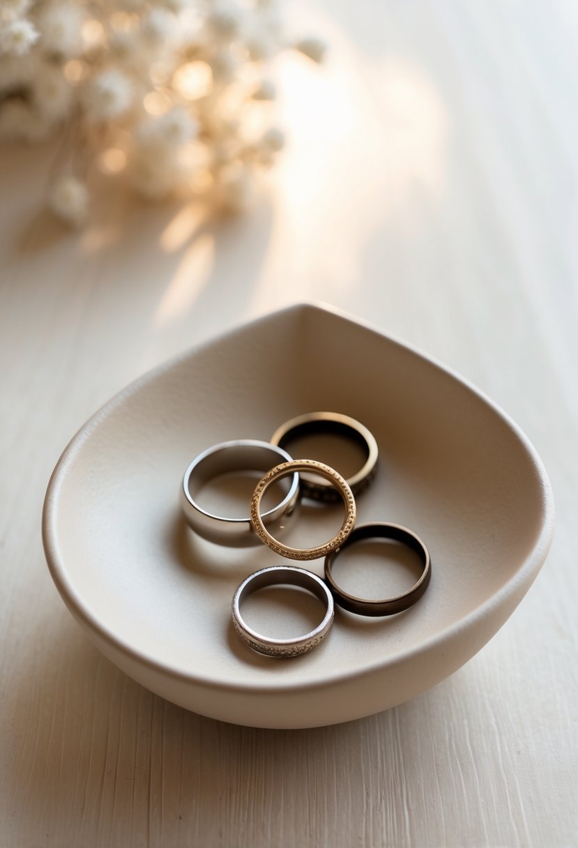 A minimalist ceramic ring holder dish containing several old wedding rings on a wooden surface.