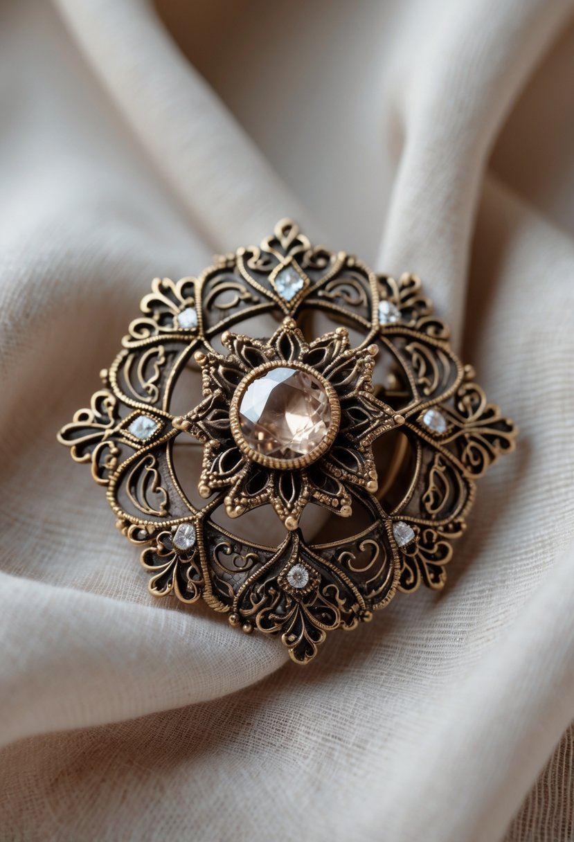 A close-up of a vintage-style brooch made from an old wedding ring resting on soft fabric.