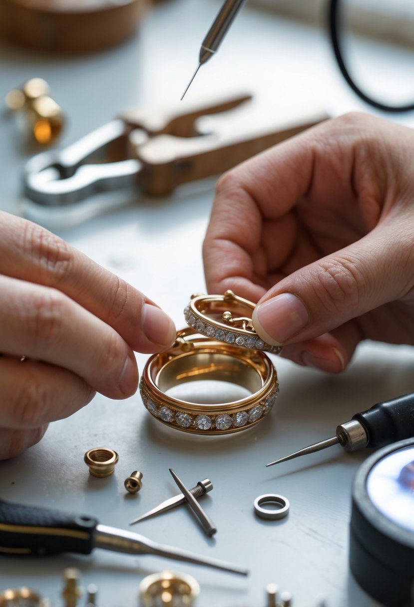 Hands working on transforming an old wedding ring into a locket with a hinge using jewelry tools on a workbench.